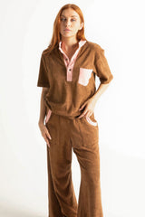 70s style retro terry towelling luxe tracksuit. Mocha brown with pink spliced retro stand-up collar and pocket details. Cotton medium weight terry fabric with 2% elastane