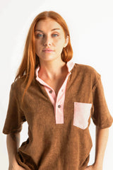70s style retro terry towelling luxe top of our leisure set Mocha brown with pink spliced retro stand-up collar and pocket details. Cotton medium weight terry fabric with 2% elastane