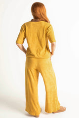 70s style retro terry towelling luxe Leisure set. Mustard with brown retro spliced stand-up collar and retro pocket details. Cotton medium weight terry fabric with 2% elastane
