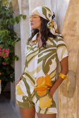 Large scale retro palm print button up 70s style shirt with matching palm print elasticated shorts with pockets. 70s style head wrap 100% rayon