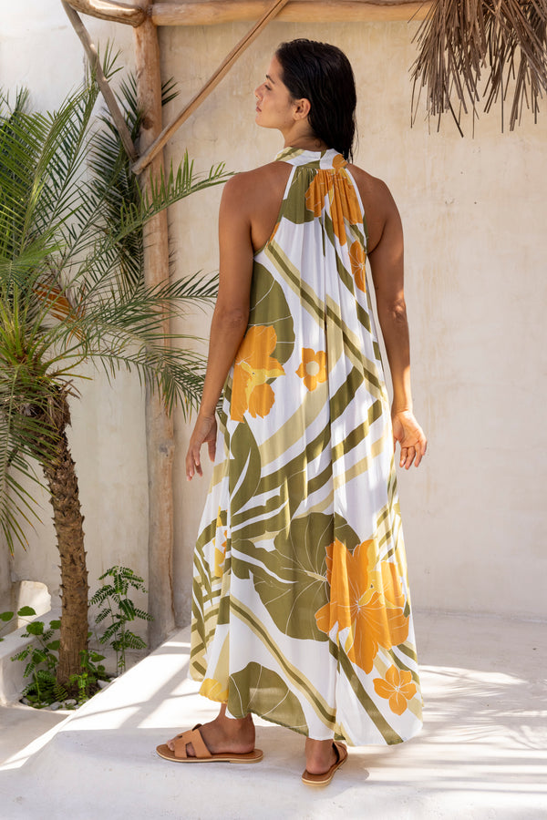 Back shot Large scale retro palm print flowy summer maxi dress with open v neck that can also tie up to halter neck 100% rayon olive green colourway