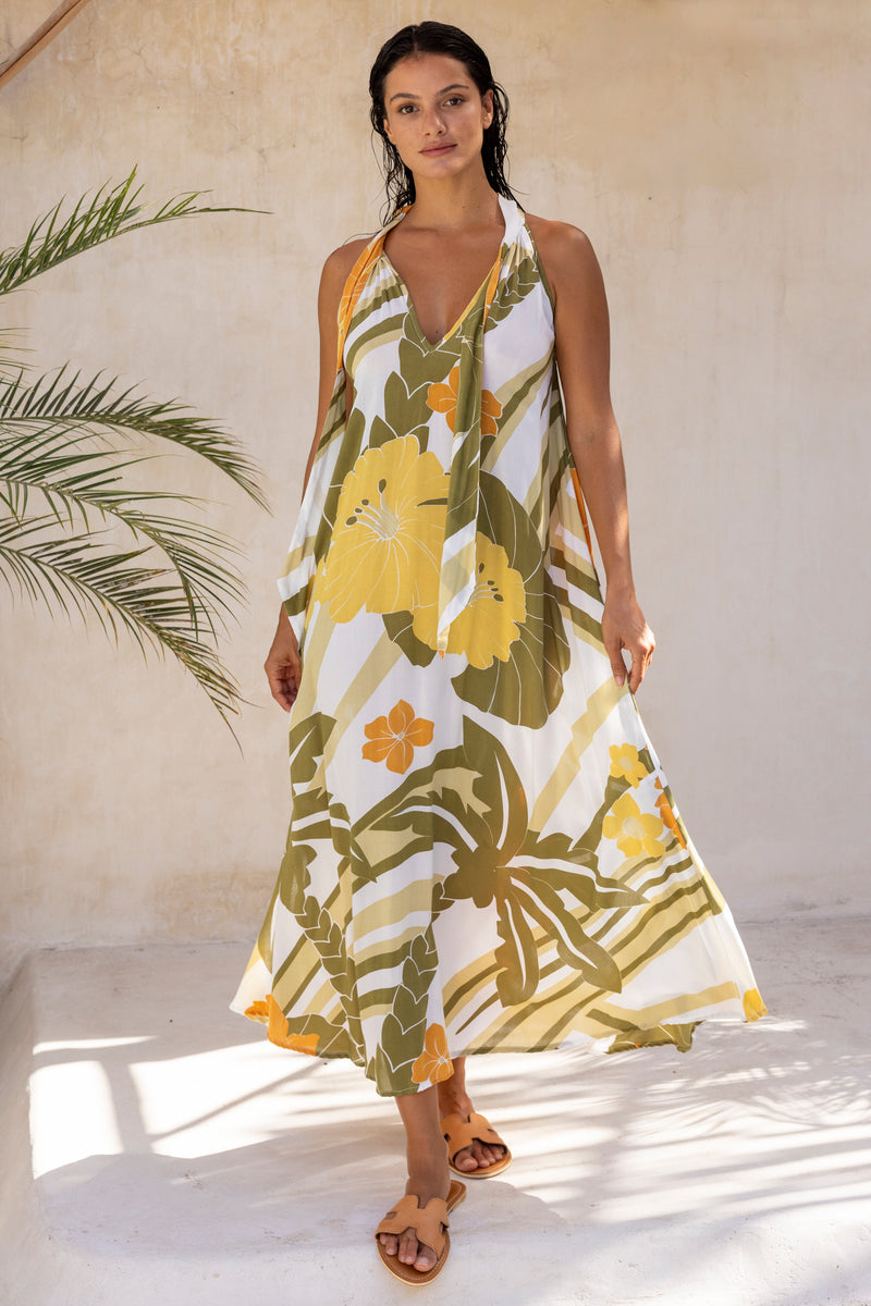 Large scale retro palm print flowy summer maxi dress with open v neck that can also tie up to halter neck 100% rayon olive green colourway