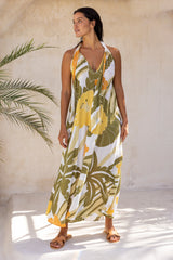 Large scale retro palm print flowy summer maxi dress with open v neck that can also tie up to halter neck 100% rayon olive green colourway