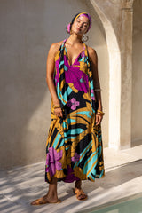 Large scale retro palm print flowy summer maxi dress with open v neck that can also tie up to halter neck 100% rayon black magenta and aqua colourway with matching head wrap and bamboo earrings