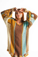 Boho style hand crochet smock dress with 3/4 wide sleeves in aqua chocolate mustard and cream large stripes. This 60s style bohemian dress has  flower detail on the arms and bottom and made in 100% cotton