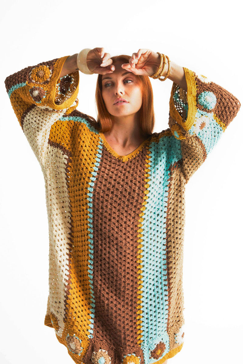 Boho style hand crochet smock dress with 3/4 wide sleeves in aqua chocolate mustard and cream large stripes. This 60s style bohemian dress has  flower detail on the arms and bottom and made in 100% cotton