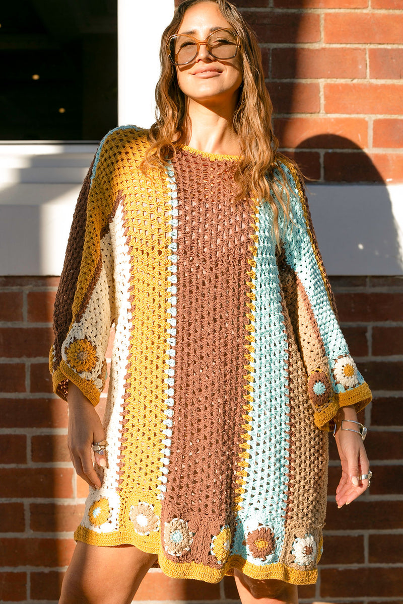 Boho style hand crochet smock dress with 3/4 wide sleeves in aqua chocolate mustard and cream large stripes. This 60s style bohemian dress has  flower detail on the arms and bottom and made in 100% cotton