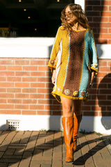 Boho style hand crochet smock dress with 3/4 wide sleeves in aqua chocolate mustard and cream large stripes. This 60s style bohemian dress has  flower detail on the arms and bottom and made in 100% cotton