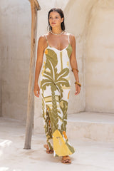 Large scale retro palm print flowy summer maxi bias slip dress with side splits  100% olive green colourway with chunky bangles to compliment