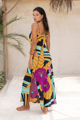 Large scale retro palm print flowy summer maxi bias slip dress with side splits  100% rayon  black magenta and aqua colourway with chunky bangles to compliment