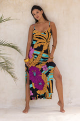 Large scale retro palm print flowy summer maxi bias slip dress with side splits  100% rayon  black magenta and aqua colourway with chunky bangles to compliment